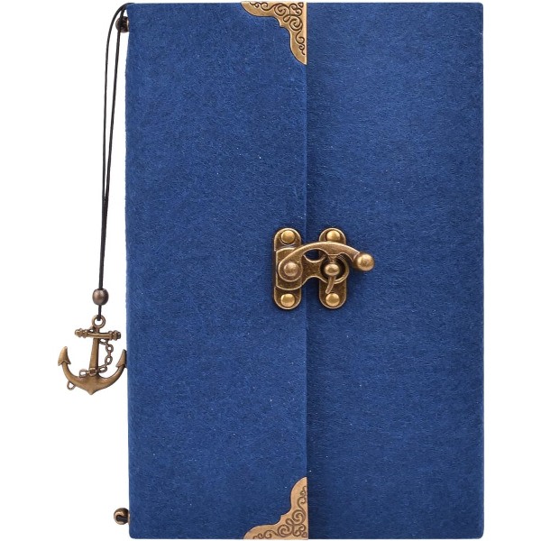 Resejournalanteckningsbok, vintage smal cover dagligt skrivande med retro bronslås, A6-anteckningsbok Liten fodrad reseplanerare (mörkblå)