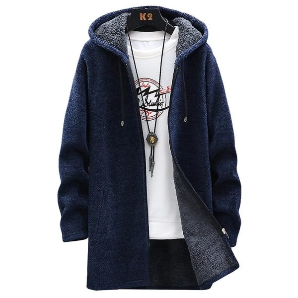 Män Huva Fleece Fodrad Vinterkappa Varm lång tröja Jacka Ytterkläder Marinblå 2XL