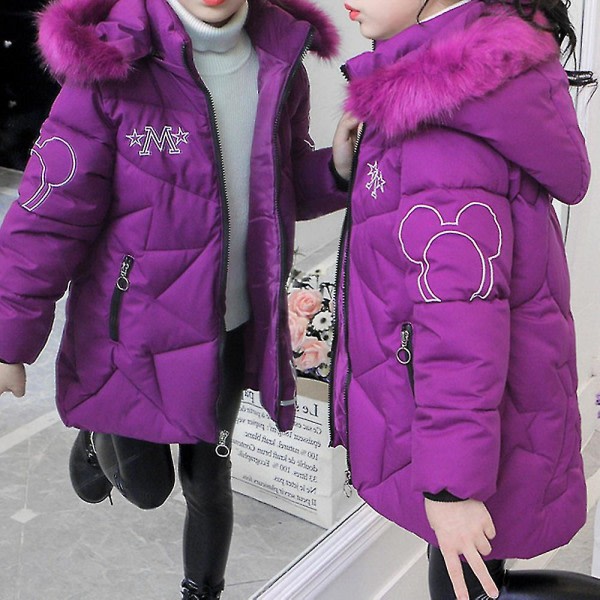 Kid Girl's mellanlång pufferjacka Snygg printed vinterkappa med huva Svart 140cm