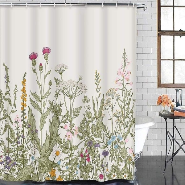 Blommig duschdraperi med rosa blommor och grönska, tvättbar 3d-utskrivbar botanisk duschdraperi