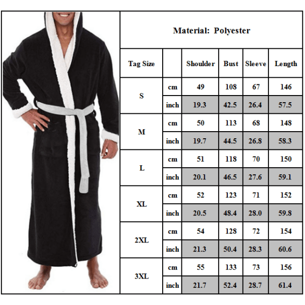 Morgonrock för män Tjock Fleece Varm Hoody Wrap Robe Sovkläder Black L