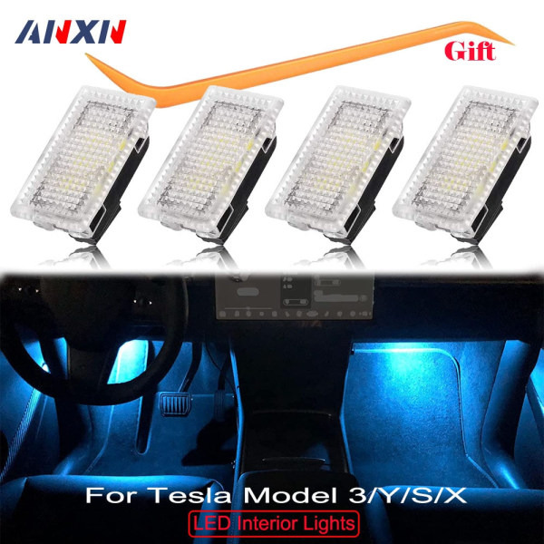 För Tesla Model 3 Y S X interiör LED-belysningslampor Kit Fit Trunk, Trunk, Door Puddle, Foot-Well Lights