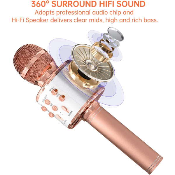 Trådlös Bluetooth Karaoke Mikrofon LED-lampor, Rose Gold