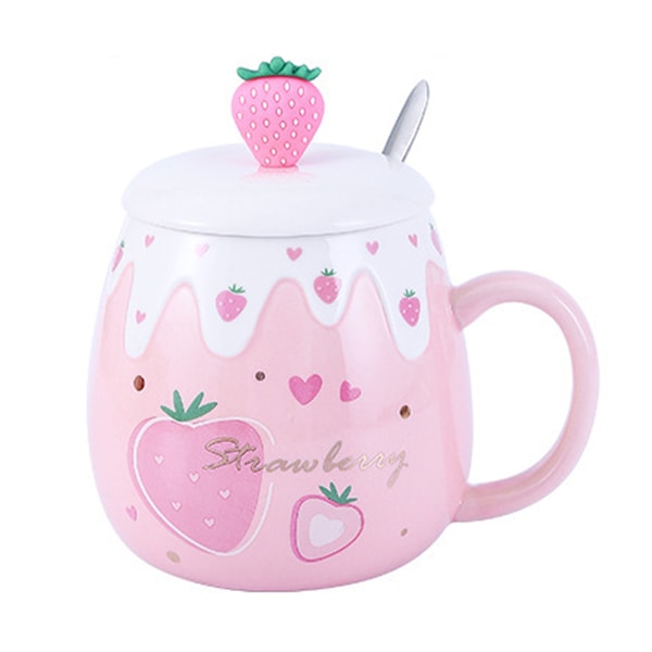 Söt jordgubbskopp Rosa kaffekopp Keramisk kopp Mjölkfruktkopp med utsökt lock Sked 500 ml