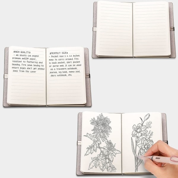 Läderjournal för skrivficka Liten anteckningsbok för anteckningar, dagbok för kvinnor män, 2 fodrade papper och 1 tomt papper (A7 grå)