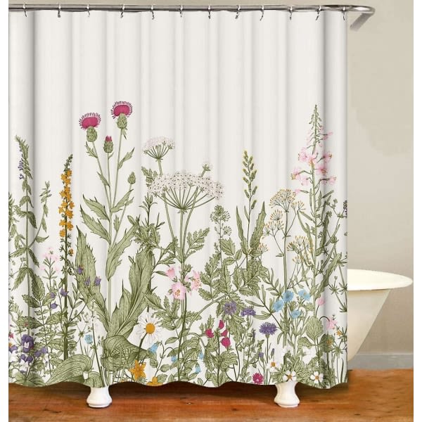Blommig duschdraperi med rosa blommor och grönska, tvättbar 3d-utskrivbar botanisk duschdraperi