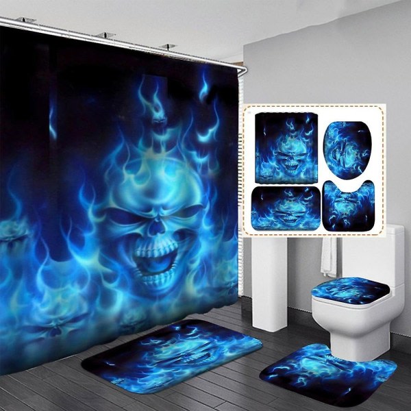 Ghost Fire Skull Halloween Duschdraperier, Generic 71" X 71" Halloween Set - Duschdraperi med mattor, Toalettlock Cove