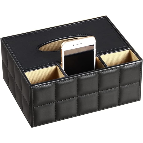 Läder TissueBox Cover rektangulär multifunktion, svart rutnät