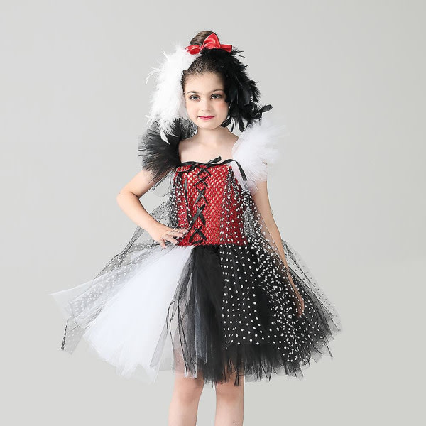 Cruella De Vil Girls' With Headdress Halloween Balett Tutu Polka Dot Party Dress M