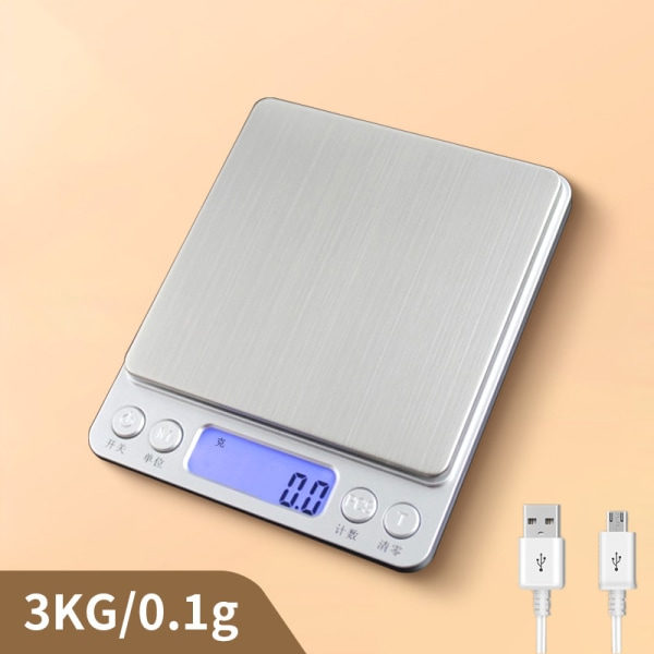 Uppgraderad USB laddningsvåg för liten köksvåg, 3 kg/0,1 g elektronisk elektronisk våg för minimat, matvågsvåg med hög precision, fickvåg