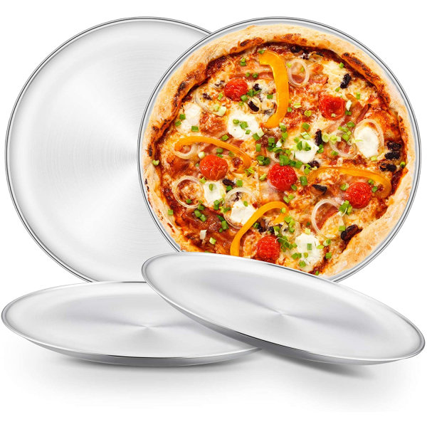 Set med 4 runda pizzapannor i rostfritt stål, 26 cm, hälsosamma och hållbara, lätta att rengöra, tål diskmaskin