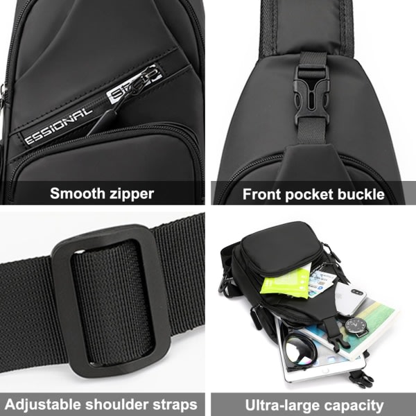 Bröstväska USB uppladdningsbar ryggsäck anti-stänk resa liten svart