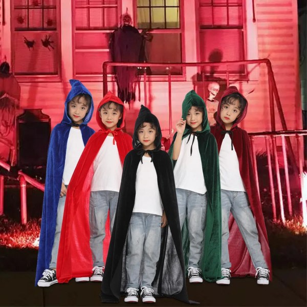 Halloween Hooded Velvet Kids Long Cape Costume Cosplay Kostym Jacka Party Prop, Red Wine-M 90cm
