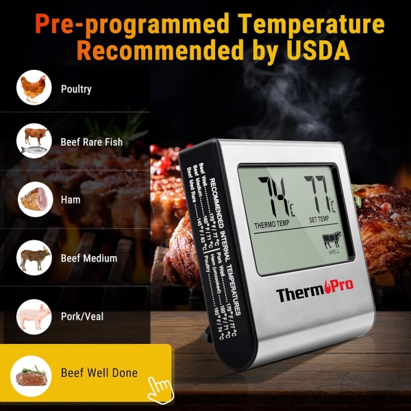 Digital kötttermometer med stor LCD-display, timer och rostfri temperatursond