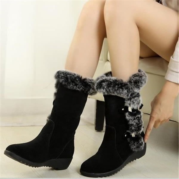 Nya dam vinterstövlar Mid Calf Warm Fur Boots Black 39