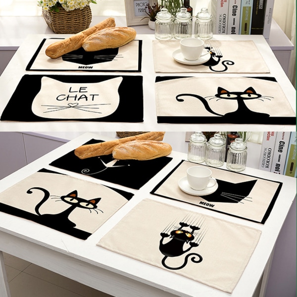 Tvättbara bordstabletter för barn 4-delat set värmebeständigt halkskydd jul antirivningsskydd 42*32 cm，katt