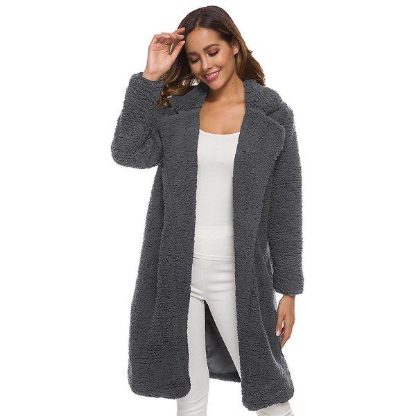 Dam Plysch Lapel Lång Kappa Vinter Fleece Parka Långärmad Trench Coat Vinterjacka Mörkgrå L