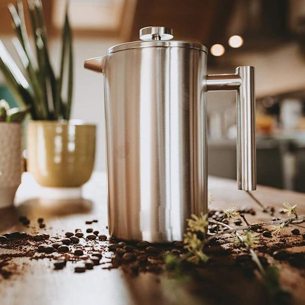 Kaffebryggare 304 rostfritt stål isolerad kaffepress med 2 extra skärmar 1 liter silver