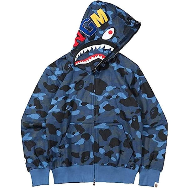 Shark Ape Bape Hoodie Camo Print Polyestertröja Casual Loose Zip Hoodie Jacka För Herr Dam Mörkblå 2XL