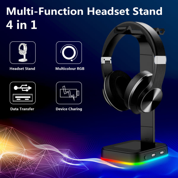 RGB Headset Stativ Hörlurshållare med 2 USB laddningsportar Svart