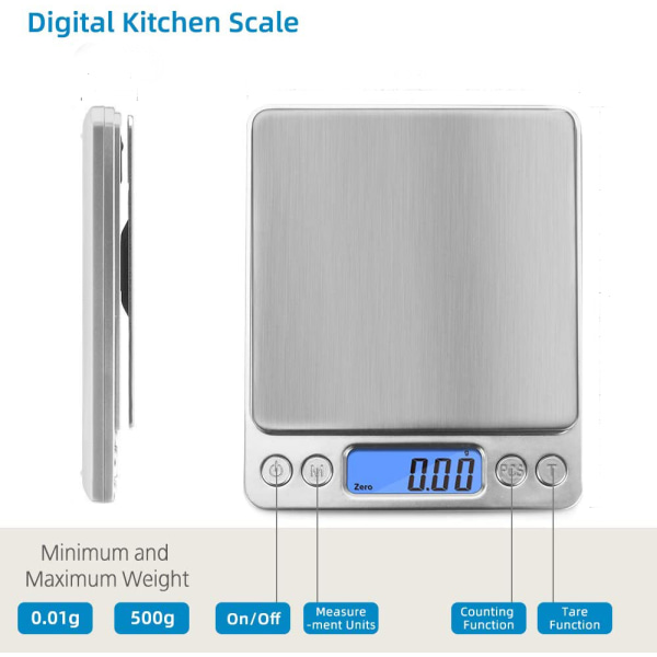 Precisionsvåg 500 g/0,01 g med LCD-display och bricka, rostfritt stål, power silver