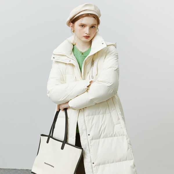 Kvinnor Hooded Långt midja bälte Design Down Coat Vinterjacka White XS