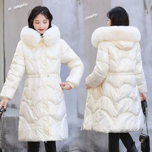 2023 Höstvinter Huva Pälskrage Lång Parkas Mujer Tjock Beige 17 L