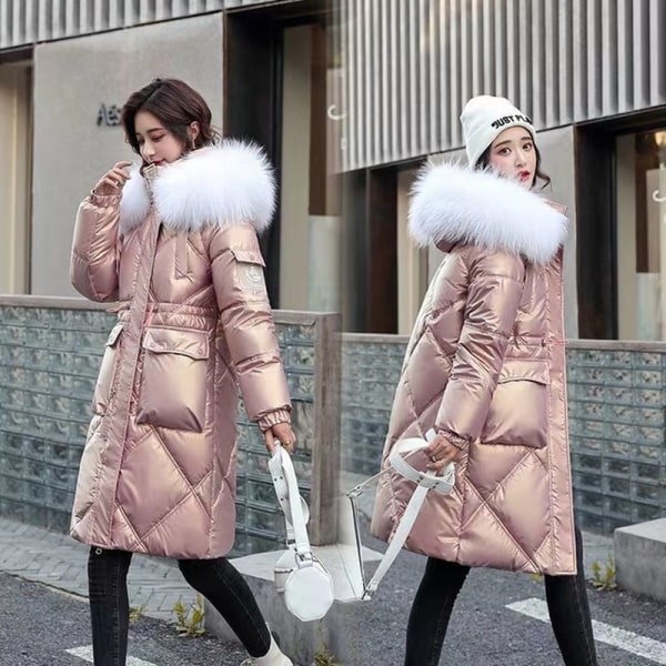 2023 Höstvinter Huva Pälskrage Lång Parkas Mujer Tjock Pink L