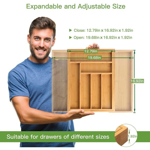 Bambu expanderbar lådförvaringslåda, justerbar besticklåda, lådavdelare i trä