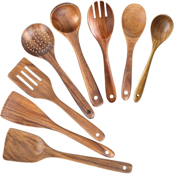 Nonstick Köksredskap Set, Träsked Matlagningsredskap Set (Teak Wood 8-Pack)