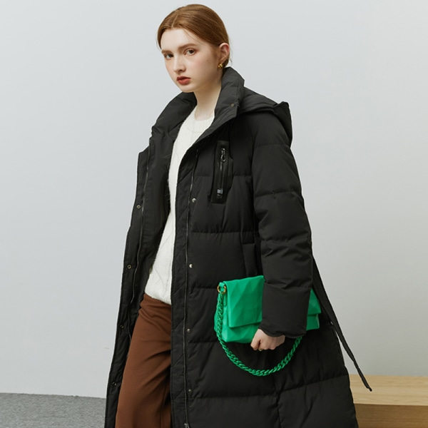 Kvinnor Hooded Långt midja bälte Design Down Coat Vinterjacka Black M
