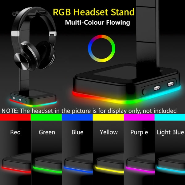 RGB Headset Stativ Hörlurshållare med 2 USB laddningsportar Svart