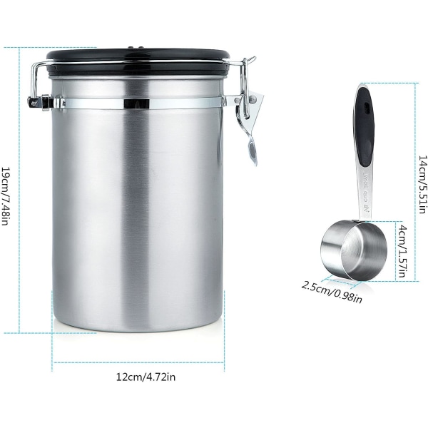 Förseglad kaffeburk - Kaffebönburk med CO2-ventil - med mätsked - 1,8 L (silver)