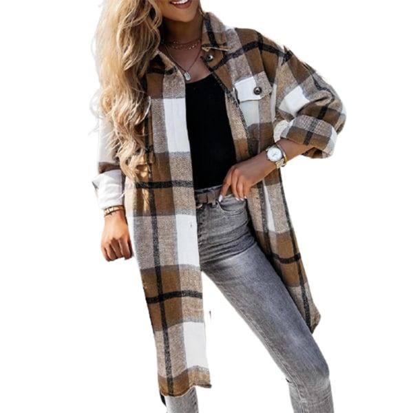Kvinnors Casual Lapel Button Down lång kappa med bröstficka print öppen front svart med xl