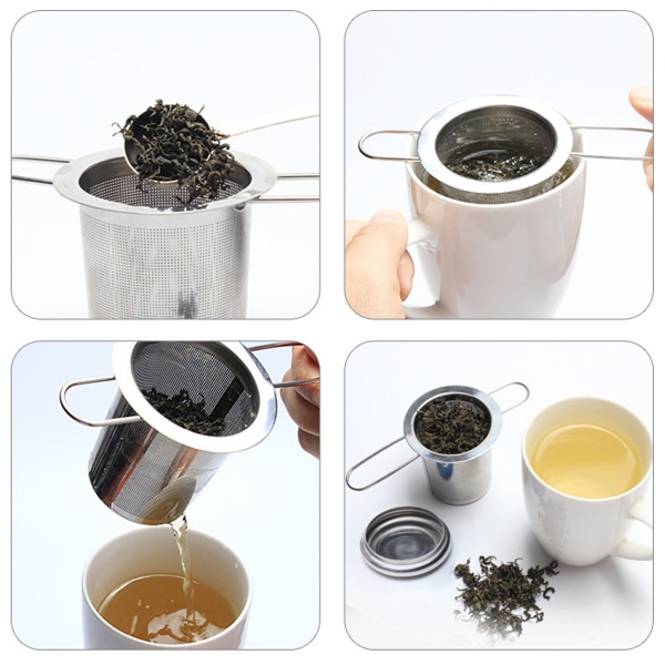 Tesil för löst te, tesil i rostfritt stål med gångjärnsförsett handtag och lock, återanvändbar