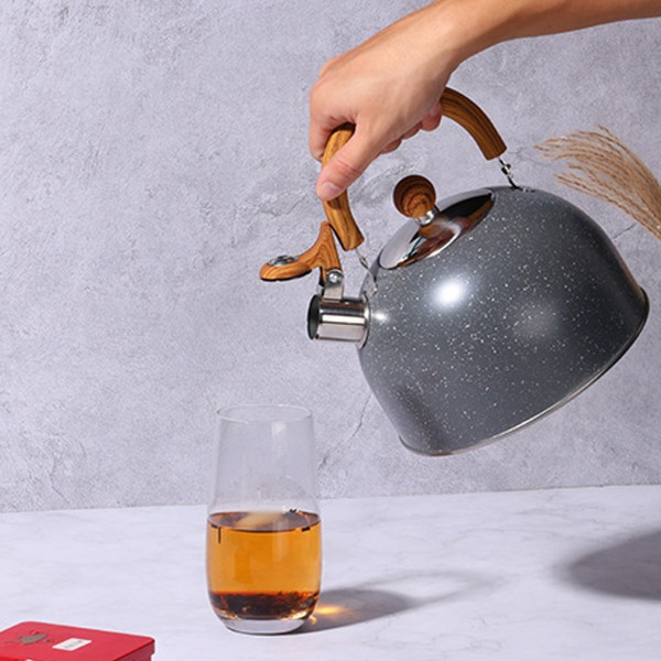 2,5 L Whistle te vattenkokare, spishäll te vattenkokare rostfritt stål med träfibrer vikbart handtag, högt
