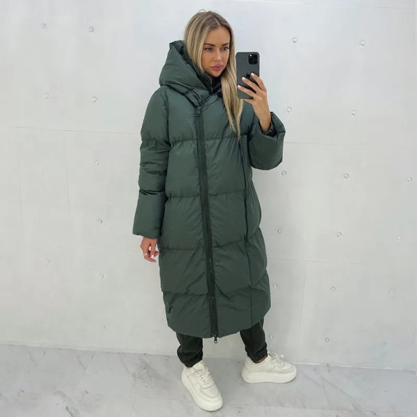 Malina Vinter Lös Långa Parkas Dam Mode Zippe Coat DarkGreen L