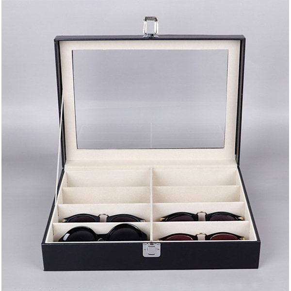 Läder 8 delar glasögon förvaring och solglasögon glasögon display låda Låsbart case Organizer, svart
