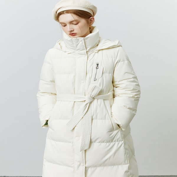 Kvinnor Hooded Långt midja bälte Design Down Coat Vinterjacka White XS