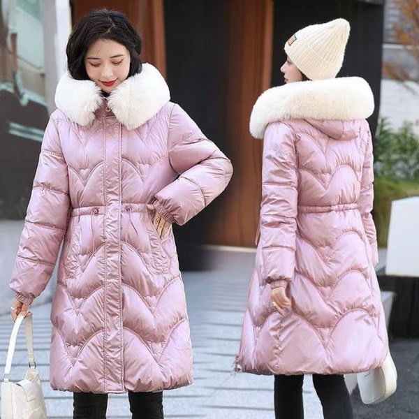 2023 Höstvinter Huva Pälskrage Lång Parkas Mujer Tjock Pink 17 M