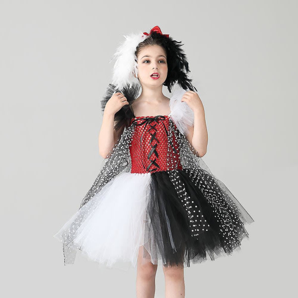 Cruella De Vil Girls' With Headdress Halloween Balett Tutu Polka Dot Party Dress M