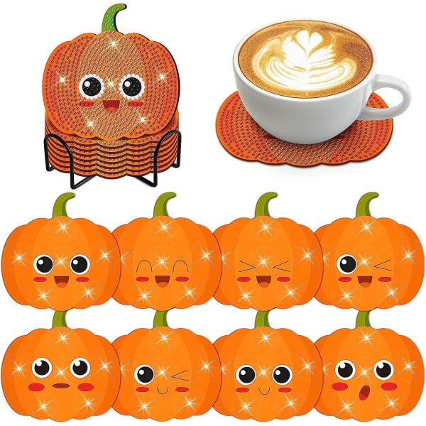 Halloween-underlägg, Diamond Pumpkin Painted Coasters, Dekorativa Underlägg, Set med 8-E