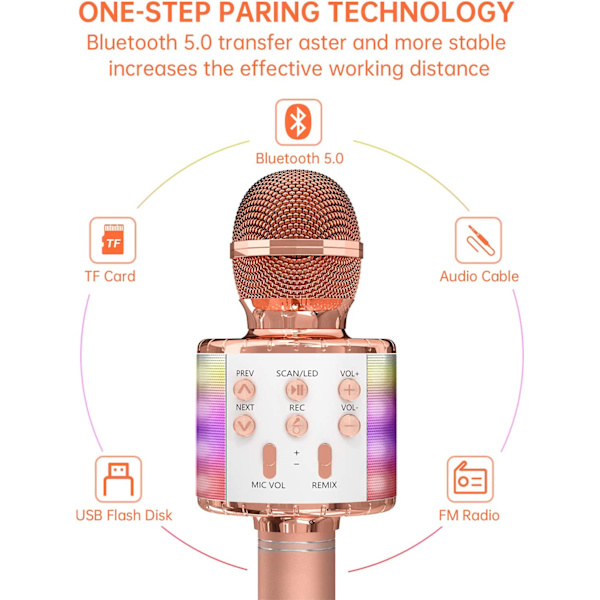 Trådlös Bluetooth Karaoke Mikrofon LED-lampor, Rose Gold