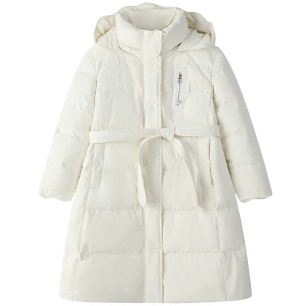 Kvinnor Hooded Långt midja bälte Design Down Coat Vinterjacka White XS