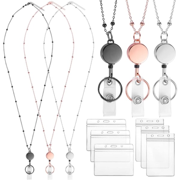 3 nyckelringar med 6 ID-hållare, (svart, silver, roséguld)