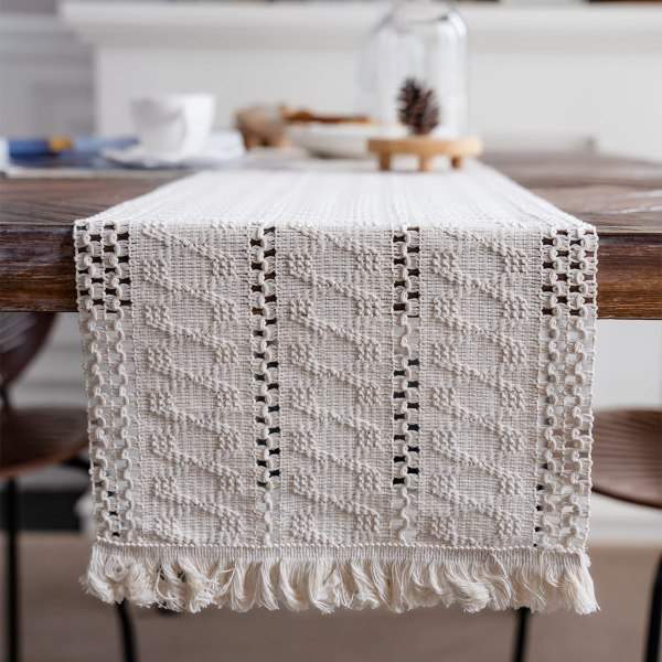 Beige Bomull Linne Bordslöpare Macrame Bordslöpare med tofs 30*275cm