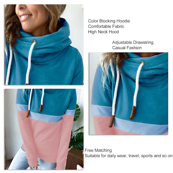 Dame Hættetrøje Pure Color Block Hættetrøje med Høj Hals Dame Casual Hættetrøje til Efterår Vinter Lake Blue and Pink XL