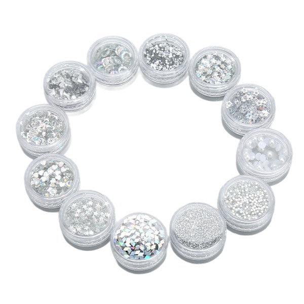 12 Grids Glitter Paljetter Set Handgjorda DIY Nail Art Glitter Paljetter Dekaler Set 3D Nail Art Dekorationer Silver