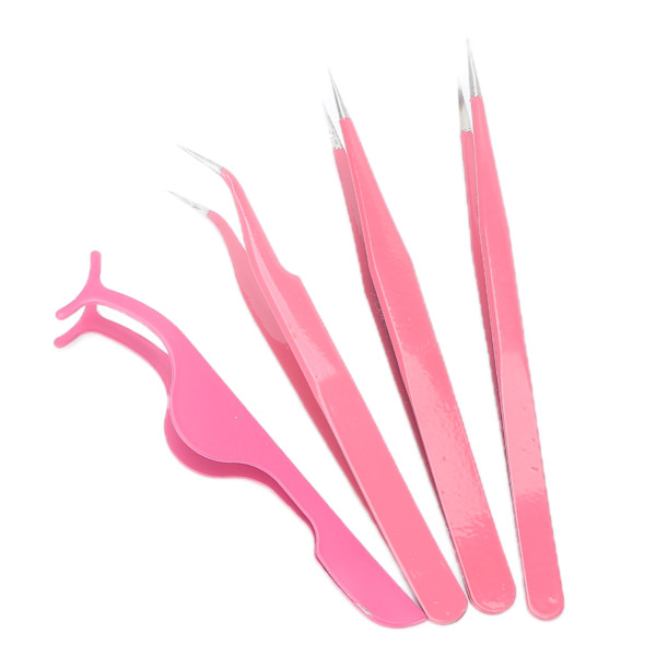 4 stk Øjenvippepincet Sæt Rustfrit Stål Ret Bøjning Spids Løse Øjenvipper Applikatorværktøj Rosa