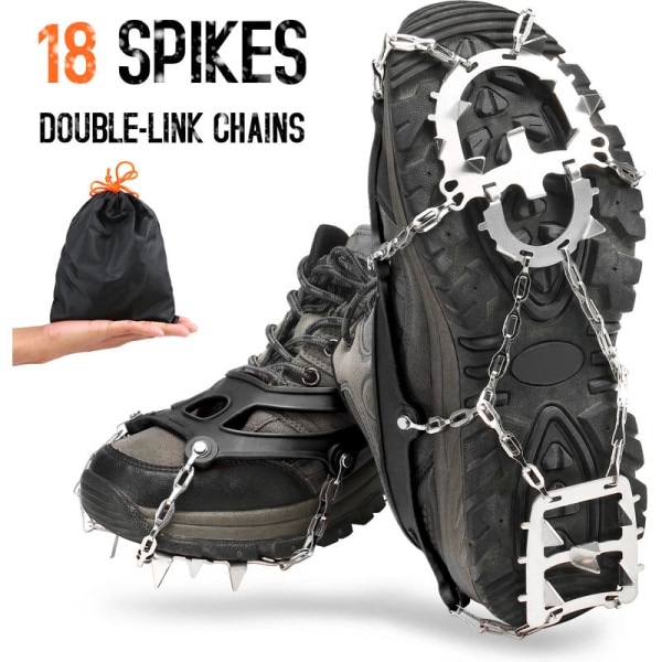 18 Spikes Traction Crampons Damer Menn Anti-skli Ice Snow Grips med oppbevaringspose for fotturer, fotturer, fiske, fjellklatring, Modell: Black L